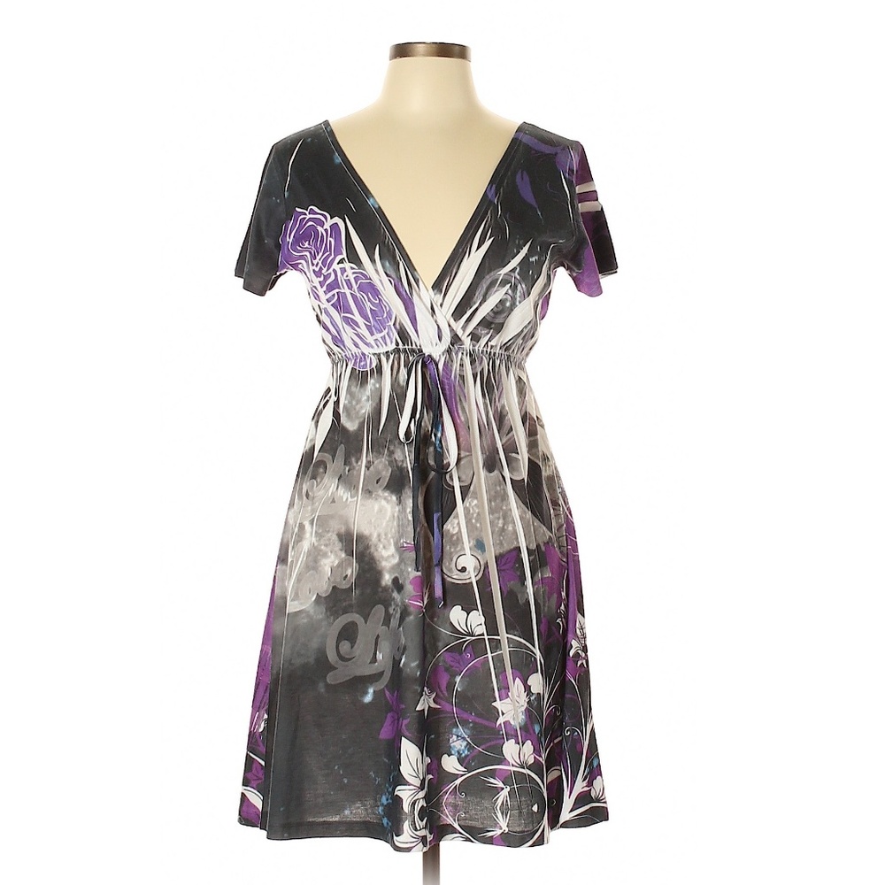 Tiki Palm Gray & Purple Floral Print Casual Dress